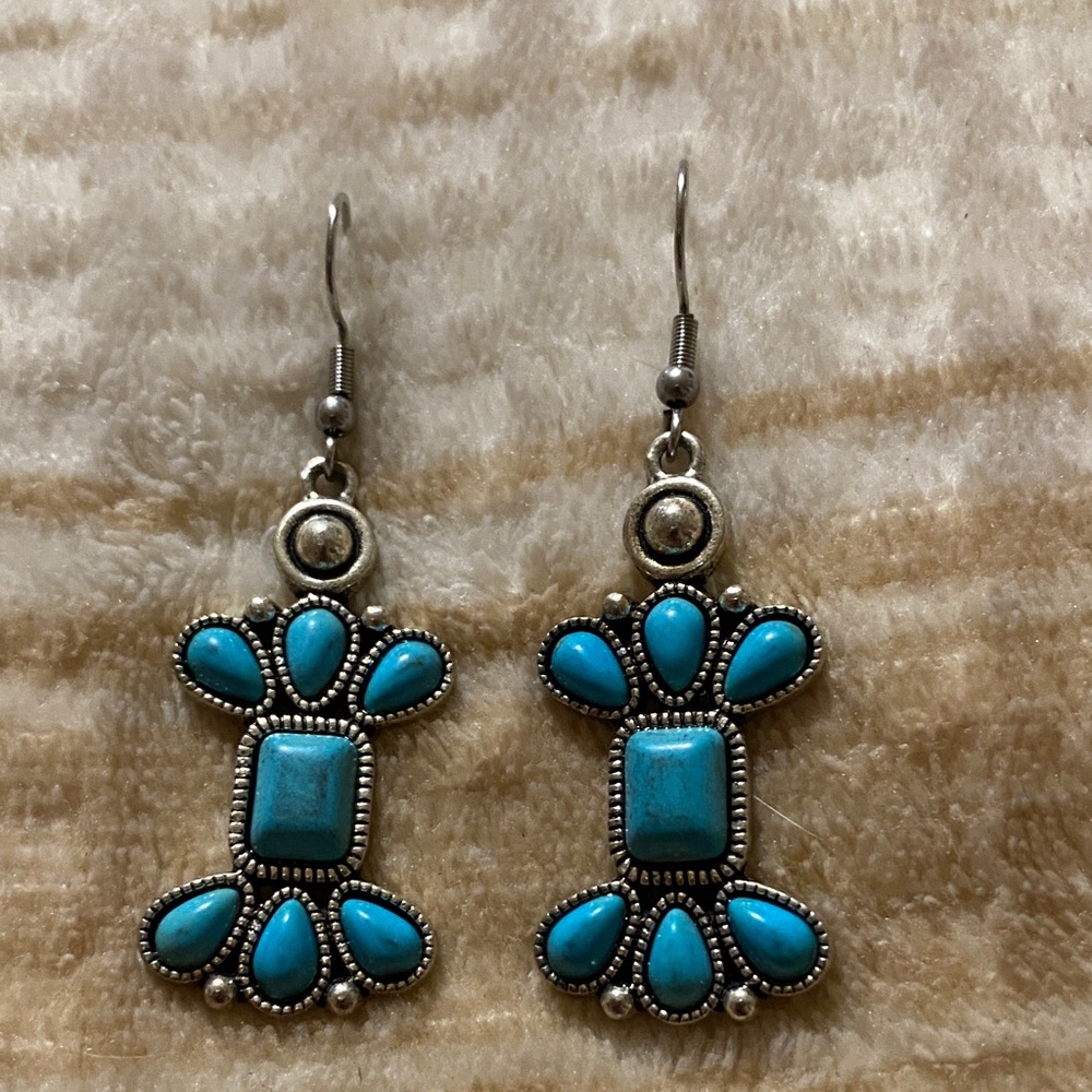 Turquoise Teardrop and Cabochon Dangle Earrings - Women Jewelry